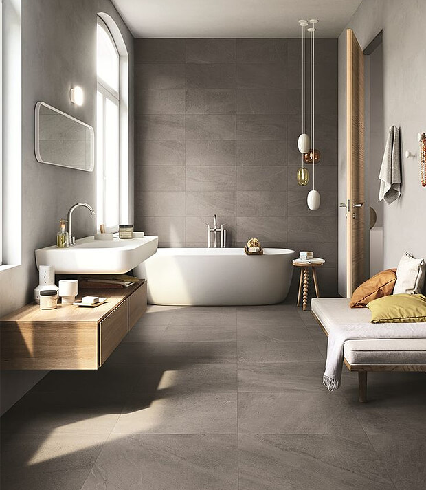 Grey Bathroom with Oak Bathroom Furniture