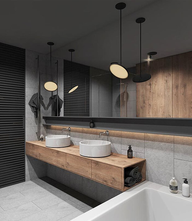 Grey Tiles with Wooden Bathroom Furniture