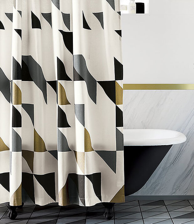 Grey Bathroom Floor Tiles with Black Bath and Curtains