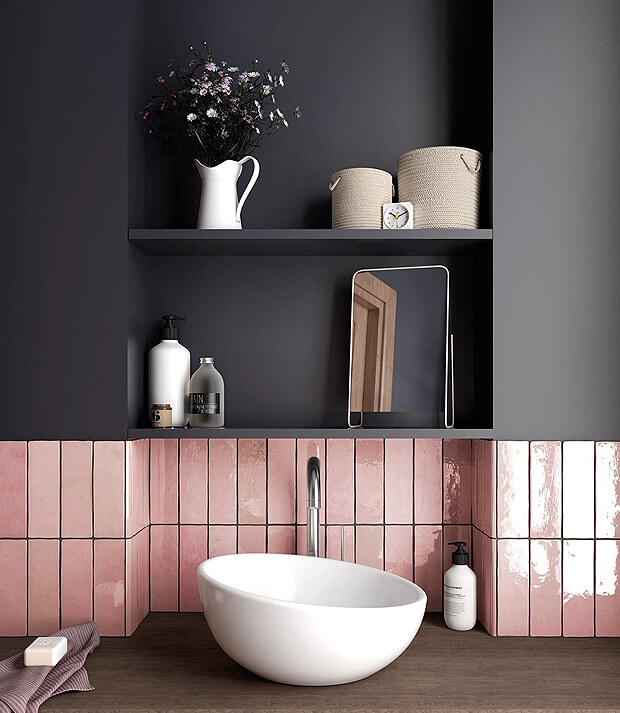 Grey Bathroom Walls with Pink Bathroom Tiles