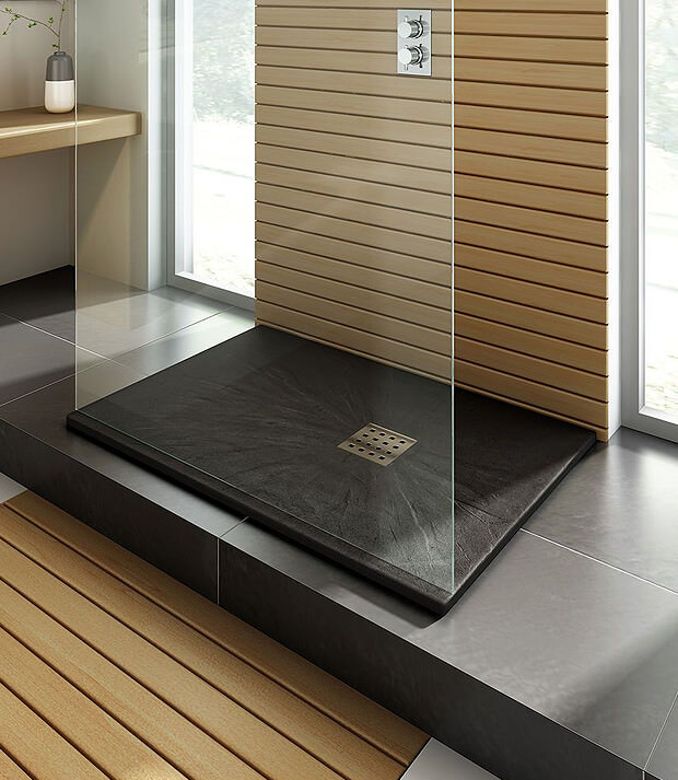 Wooden Flooring Wet room with Black Shower Tray