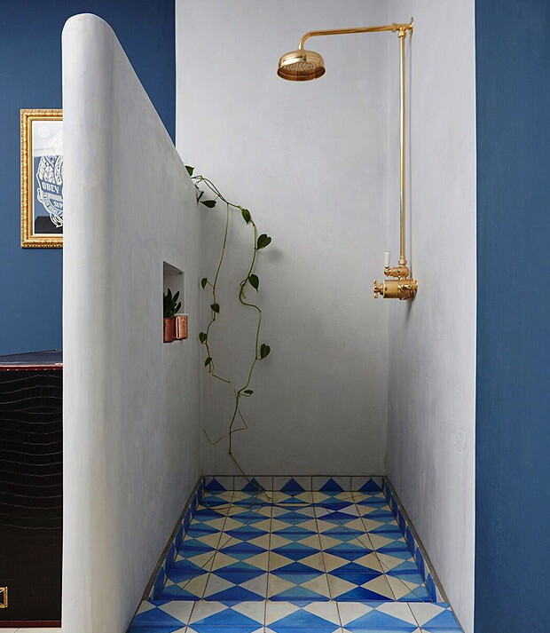 Blue & White Wet Room with Gold Plated Shower